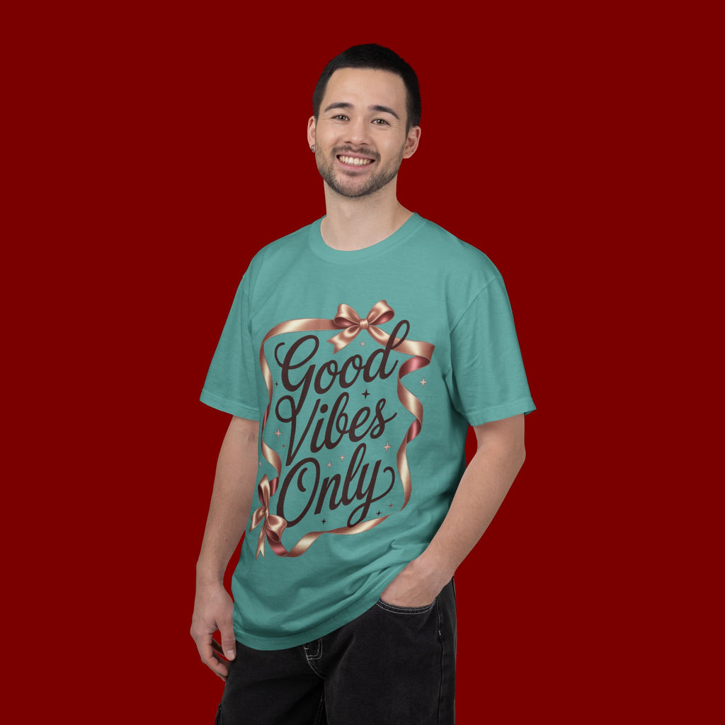 Good Vibes Only T-Shirt — Positive Message Graphic Tee with Ribbon Design