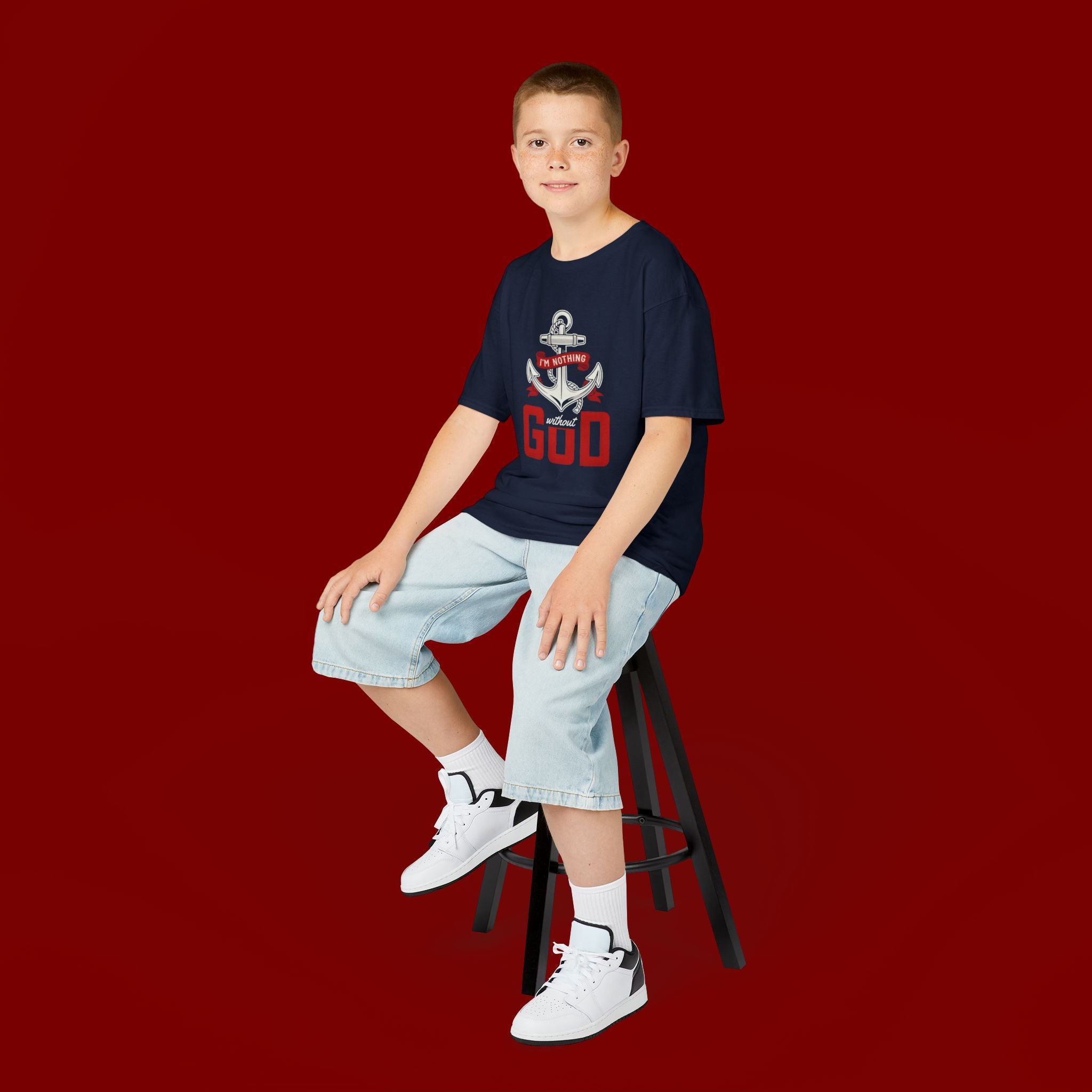 Kids Anchor T‑Shirt – "I'm Nothing Without God" Christian Tee for Boys & Girls