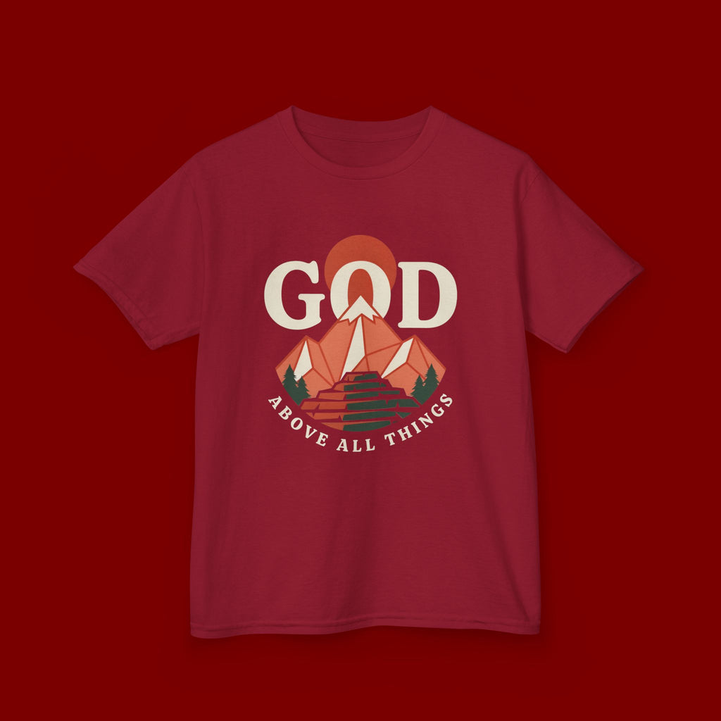 Kids Tee – 'GOD' Mountain Sunrise Faith Graphic