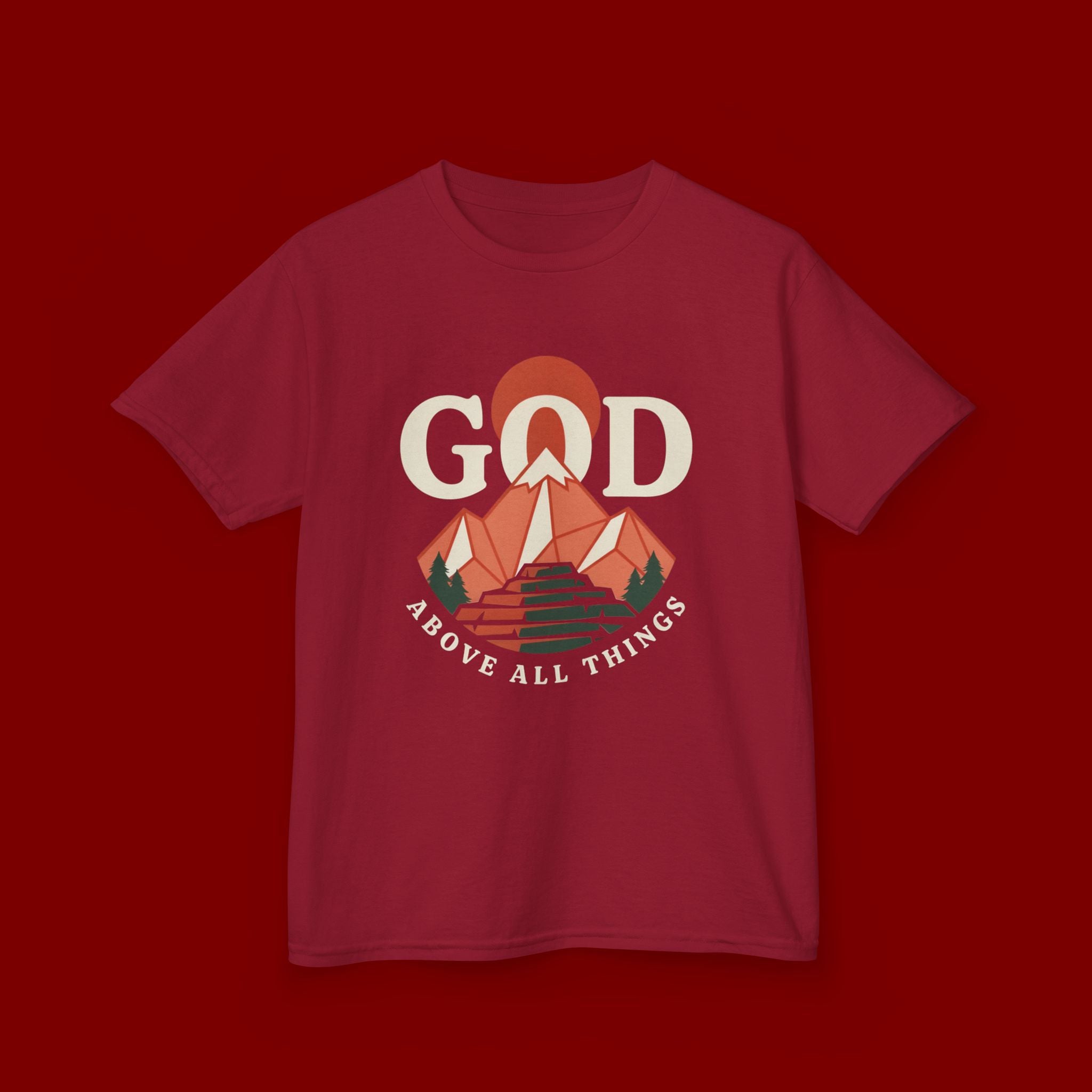 Kids Tee – 'GOD' Mountain Sunrise Faith Graphic
