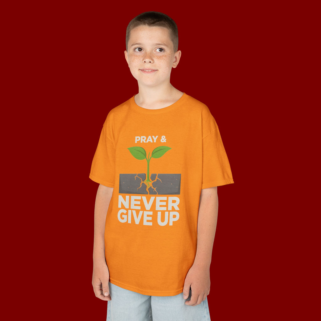 Kids Tee – "Pray & Never Give Up" Inspirational Plant Graphic