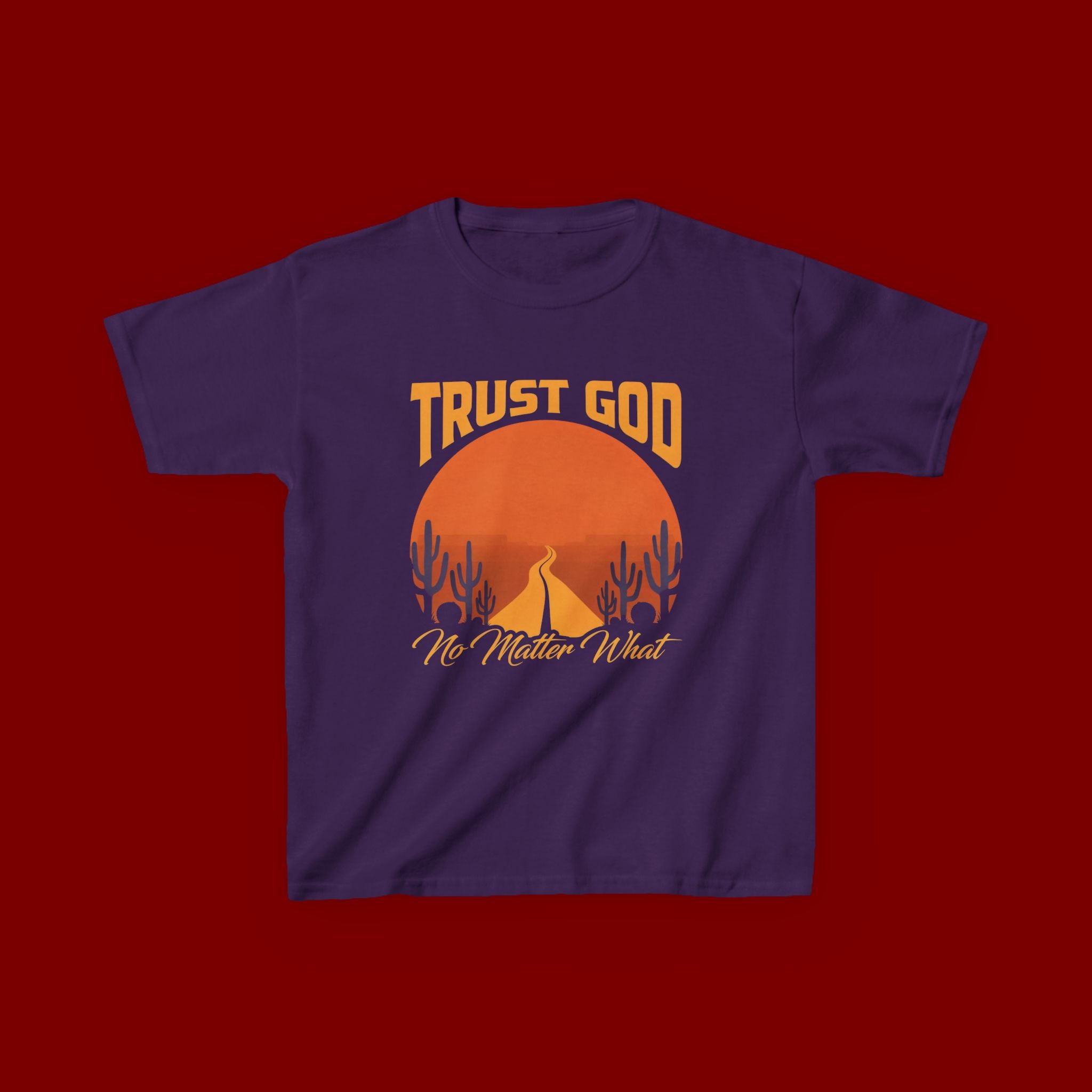 Kids Tee — "Trust God No Matter What" Sunset Camping Graphic
