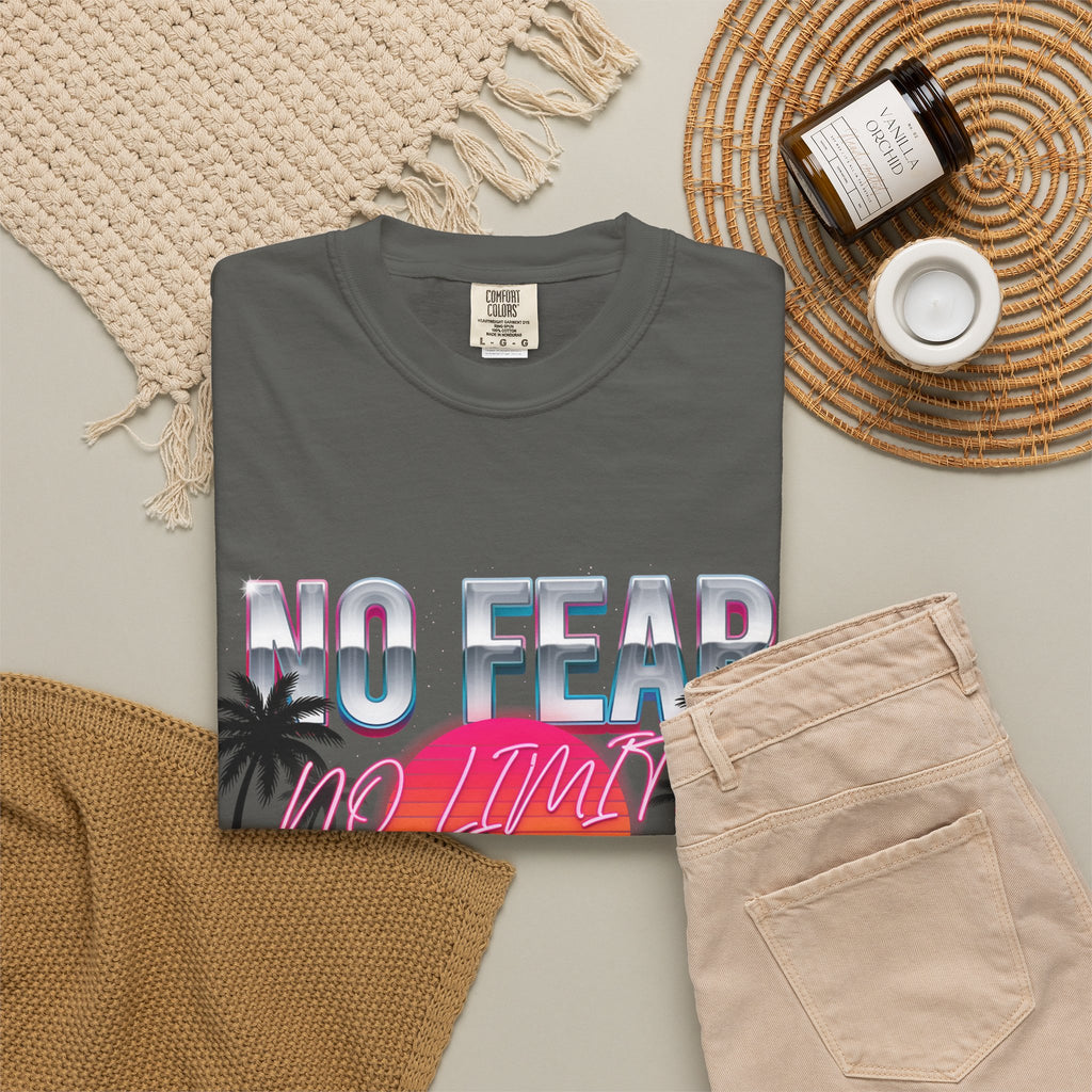No Fear, No Excuses T-Shirt — Retro Sunset Palm Graphic Tee