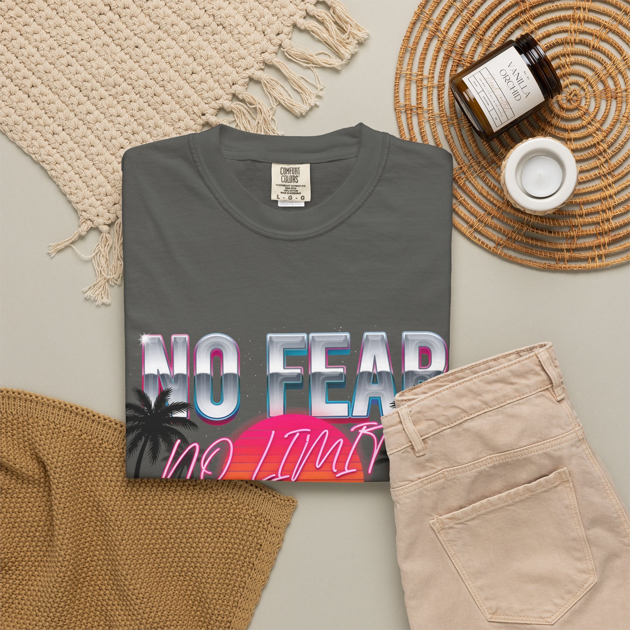 No Fear, No Excuses T-Shirt — Retro Sunset Palm Graphic Tee