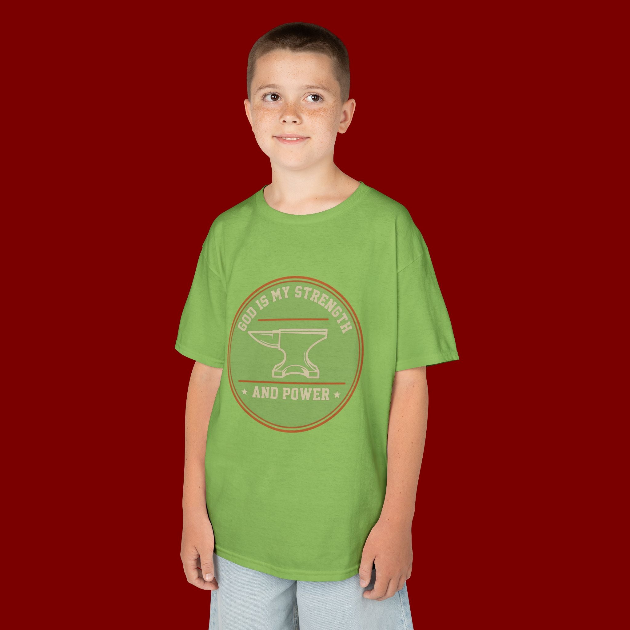 Kids Tee — "God Is My Strength and Power" Anvil & Anvil-Forge Christian Youth Shirt
