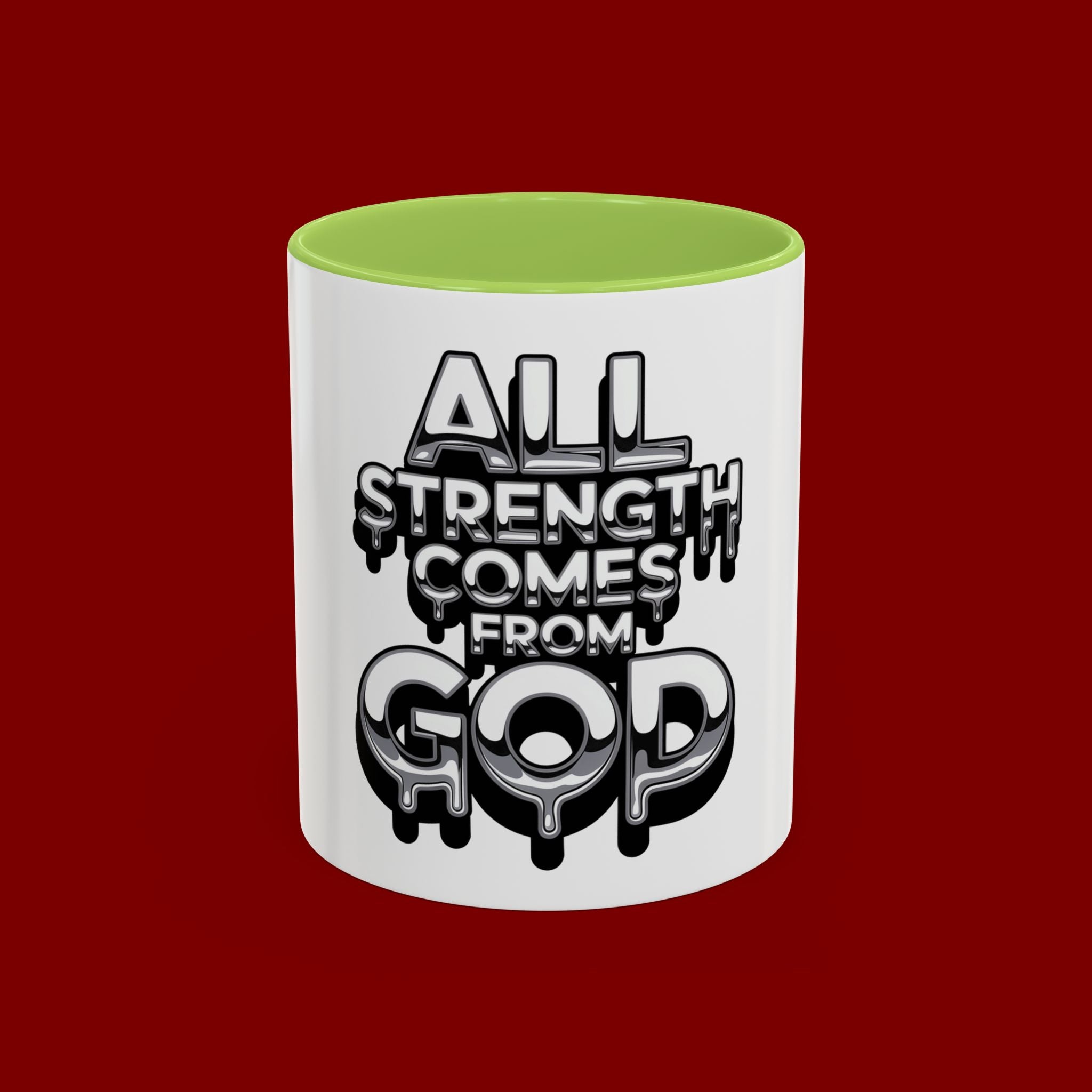 Ceramic Mug — "All Strength Comes From God" Black Accent Coffee Cup (11/15 oz)