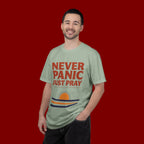 Never Panic Just Pray T‑Shirt — Retro Sunset Faith Tee