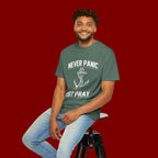 T-Shirt — "Never Panic Just Pray" Anchor Christian Faith Tee