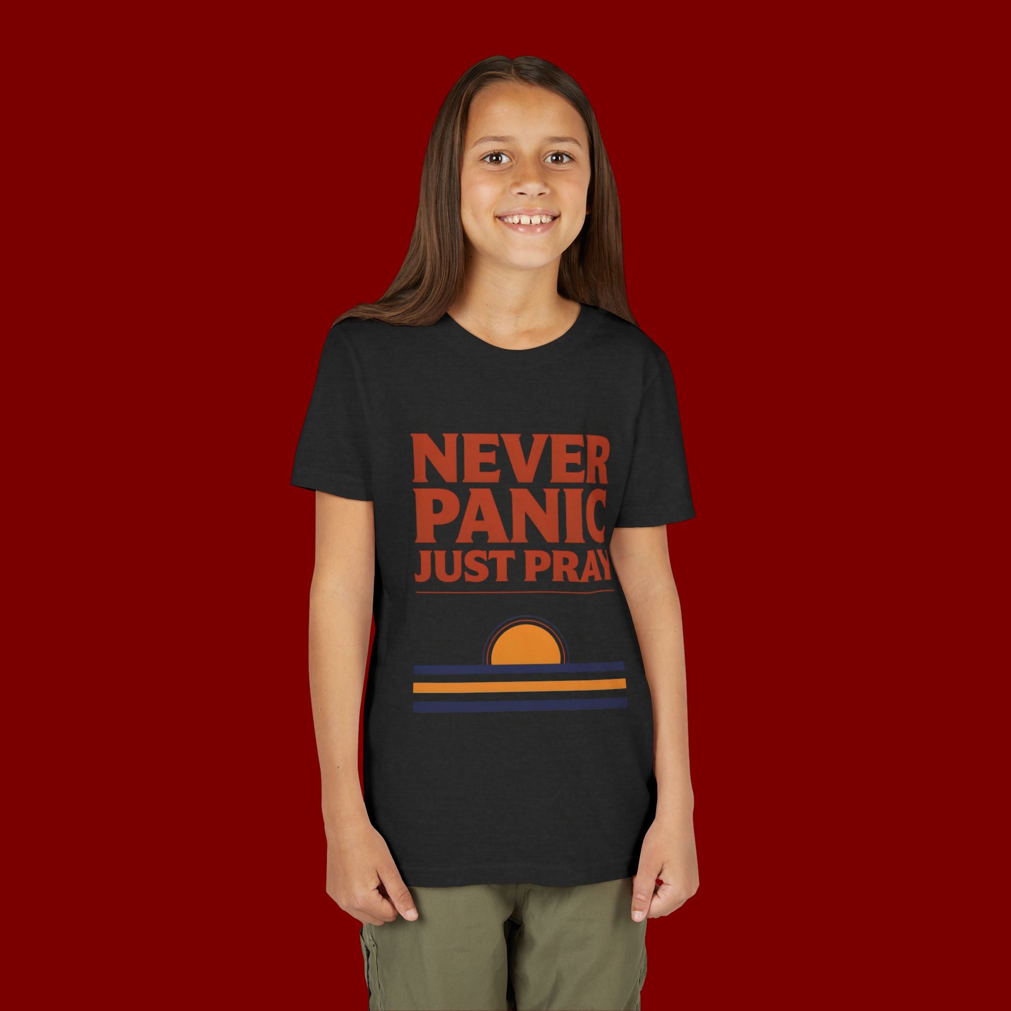 Youth Tee — "Never Panic Just Pray" Retro Sunset Kids T-Shirt