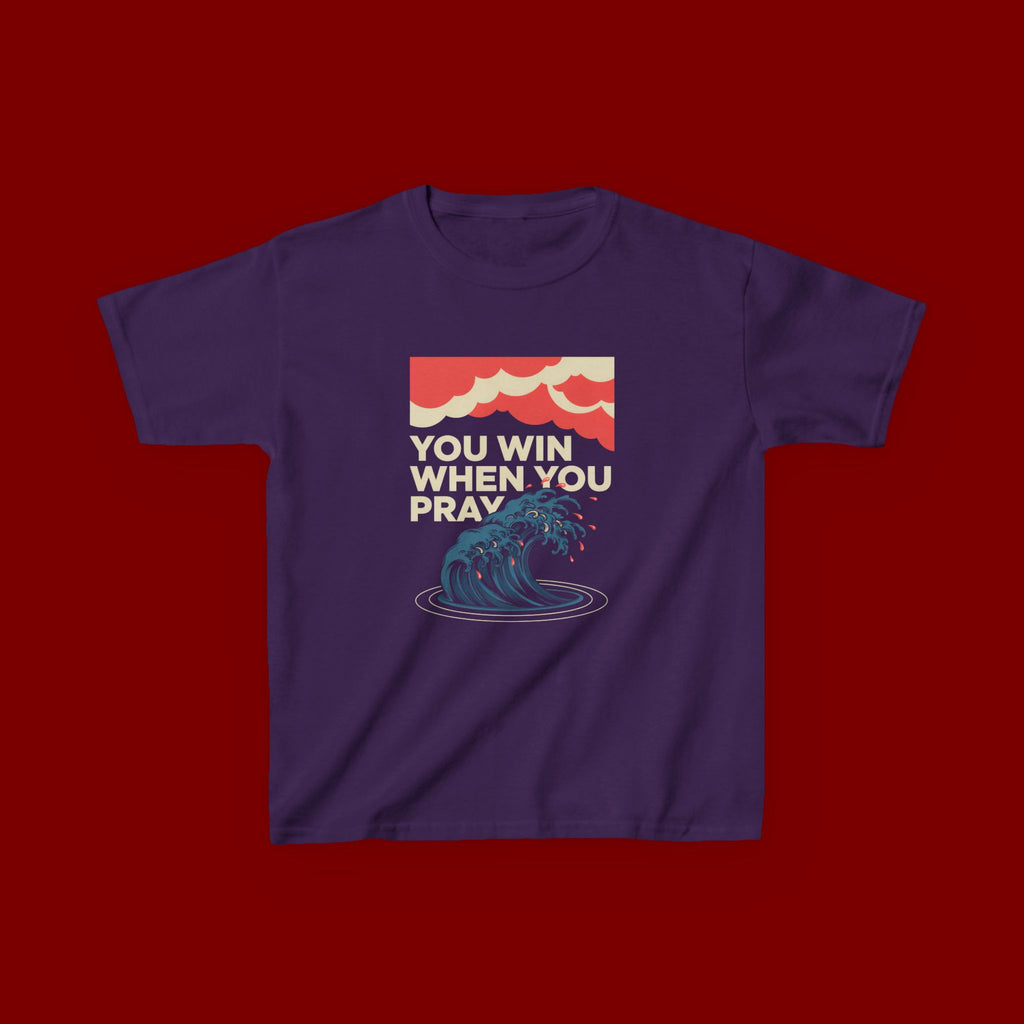 Kids Tee – “You Win When You Pray” Retro Wave Ocean Graphic