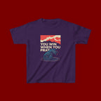 Kids Tee – “You Win When You Pray” Retro Wave Ocean Graphic