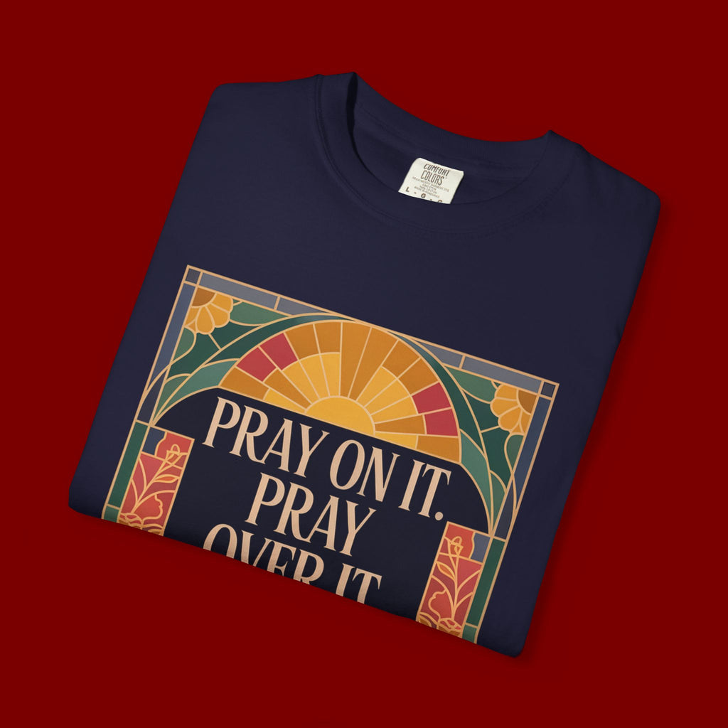 T-Shirt — Retro Sunset Floral Graphic “Play On It, Pray Over It, Pray Through It”