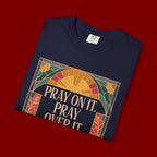 T-Shirt — Retro Sunset Floral Graphic “Play On It, Pray Over It, Pray Through It”