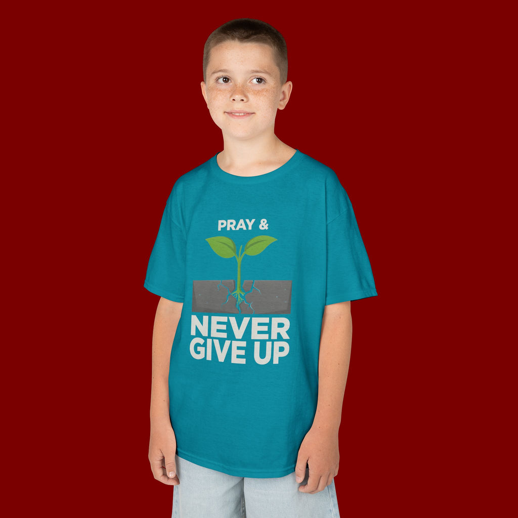 Kids Tee – "Pray & Never Give Up" Inspirational Plant Graphic