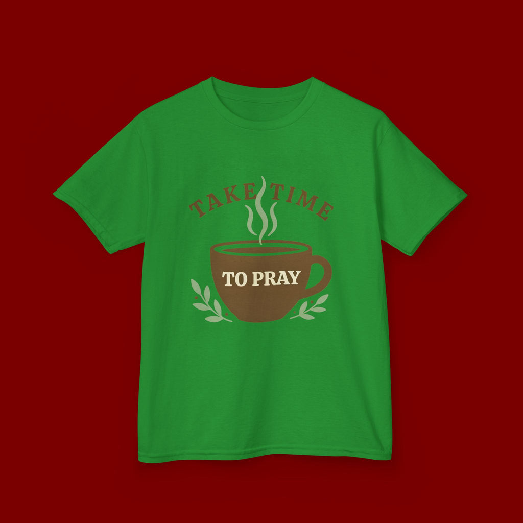 Kids Tee — "Take Time to Pray" Coffee Cup Faith Graphic
