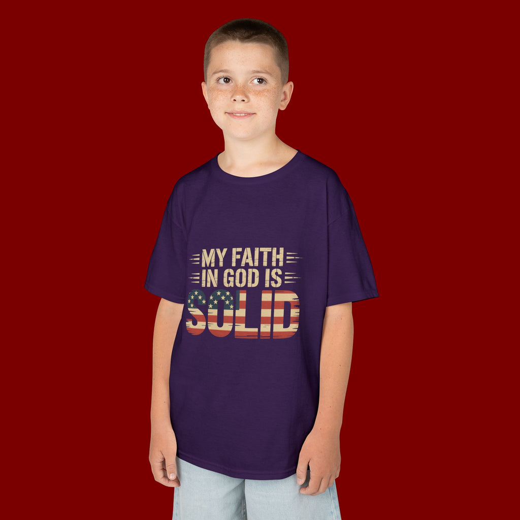 Kids Tee — "My Faith in God is Solid" Patriotic Christian T-Shirt