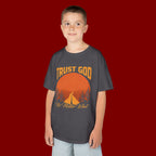 Kids Tee — "Trust God No Matter What" Sunset Camping Graphic