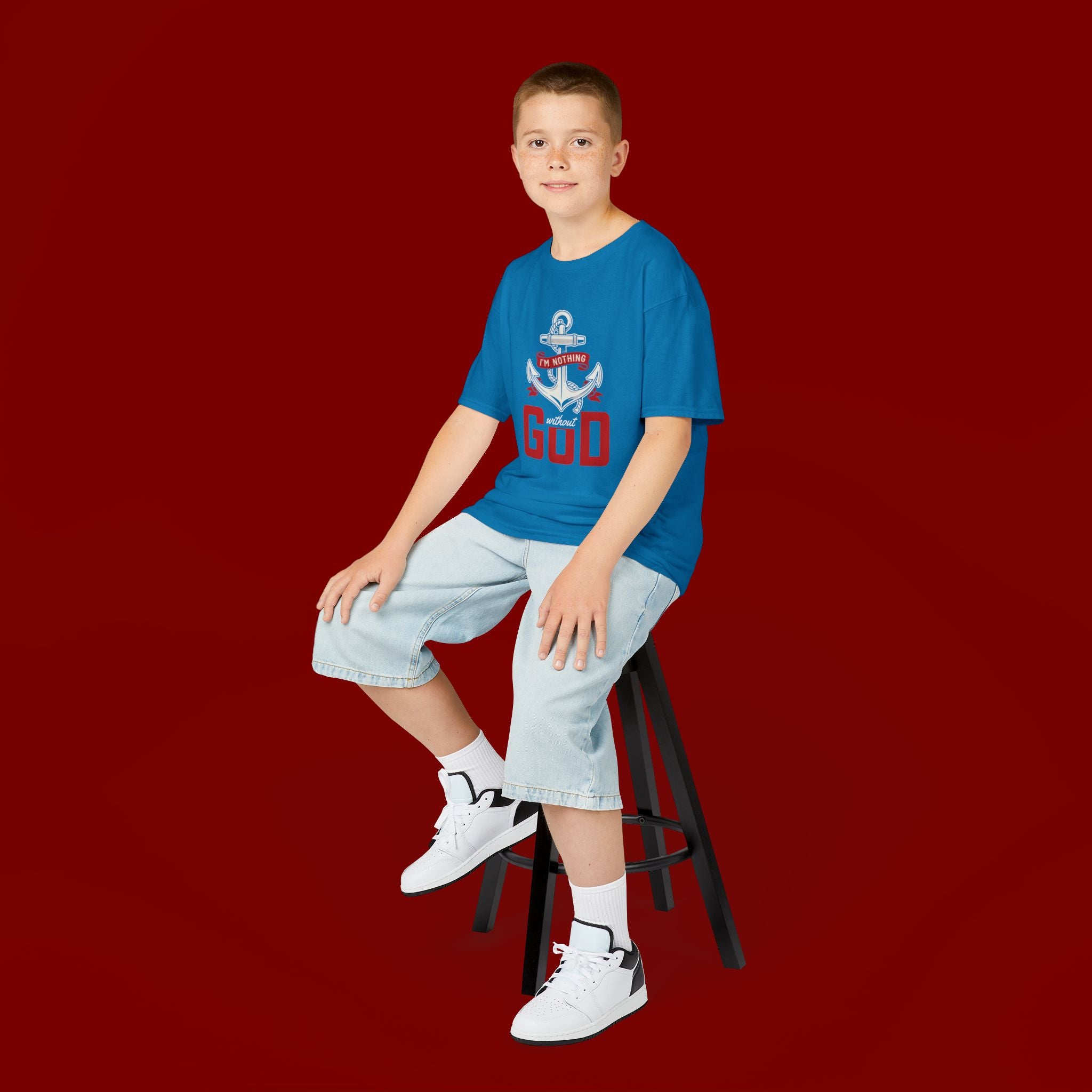 Kids Anchor T‑Shirt – "I'm Nothing Without God" Christian Tee for Boys & Girls
