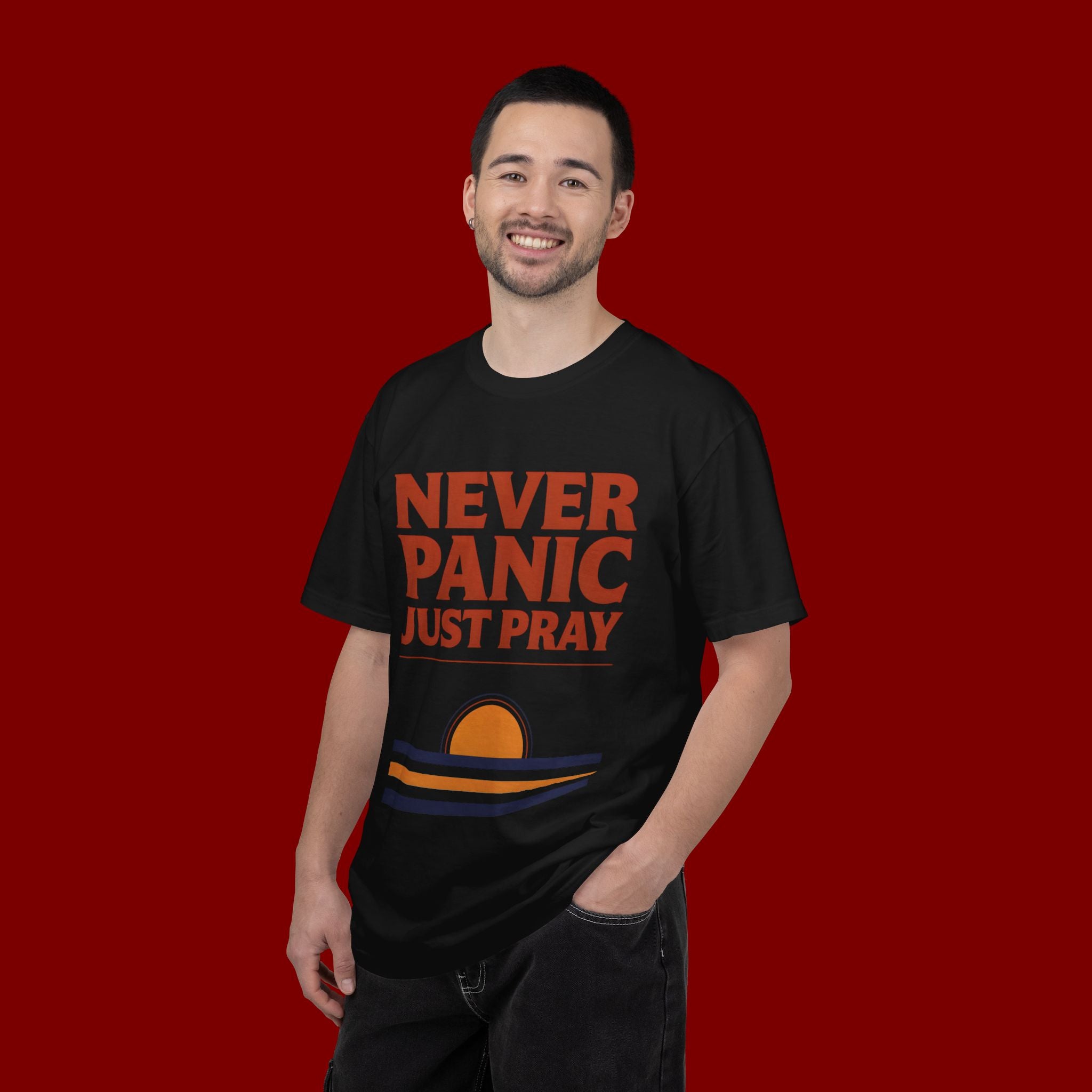Never Panic Just Pray T‑Shirt — Retro Sunset Faith Tee
