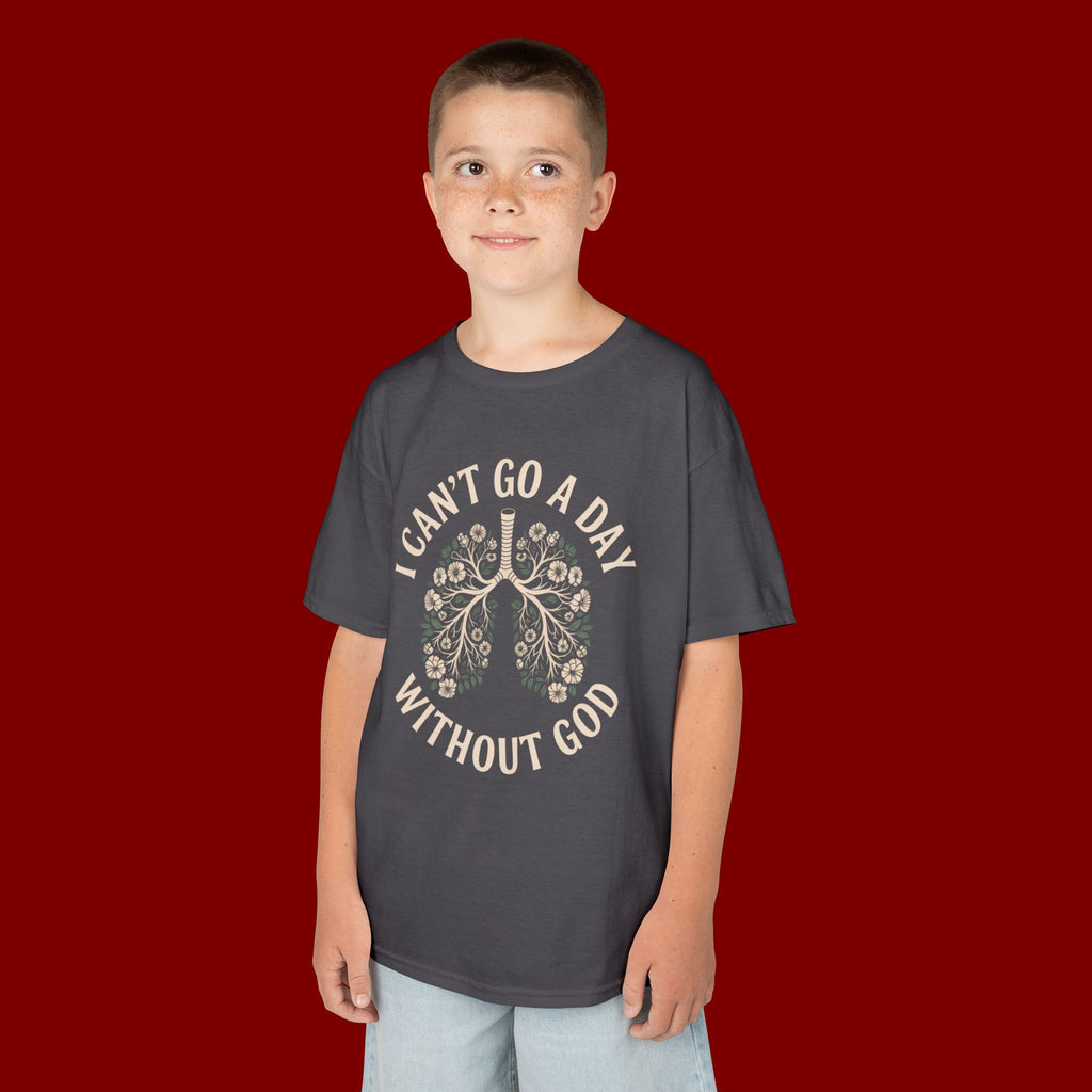 Kids T-Shirt – "I Can't Go a Day Without God" Floral Lungs Christian Tee