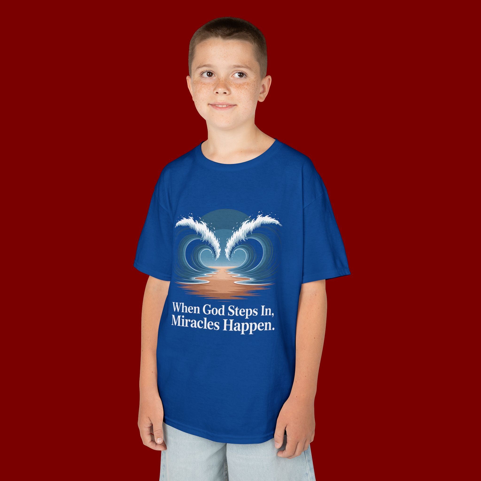 Kids Tee — “When God Steps In, Miracles Happen” Wave Heart Faith Shirt