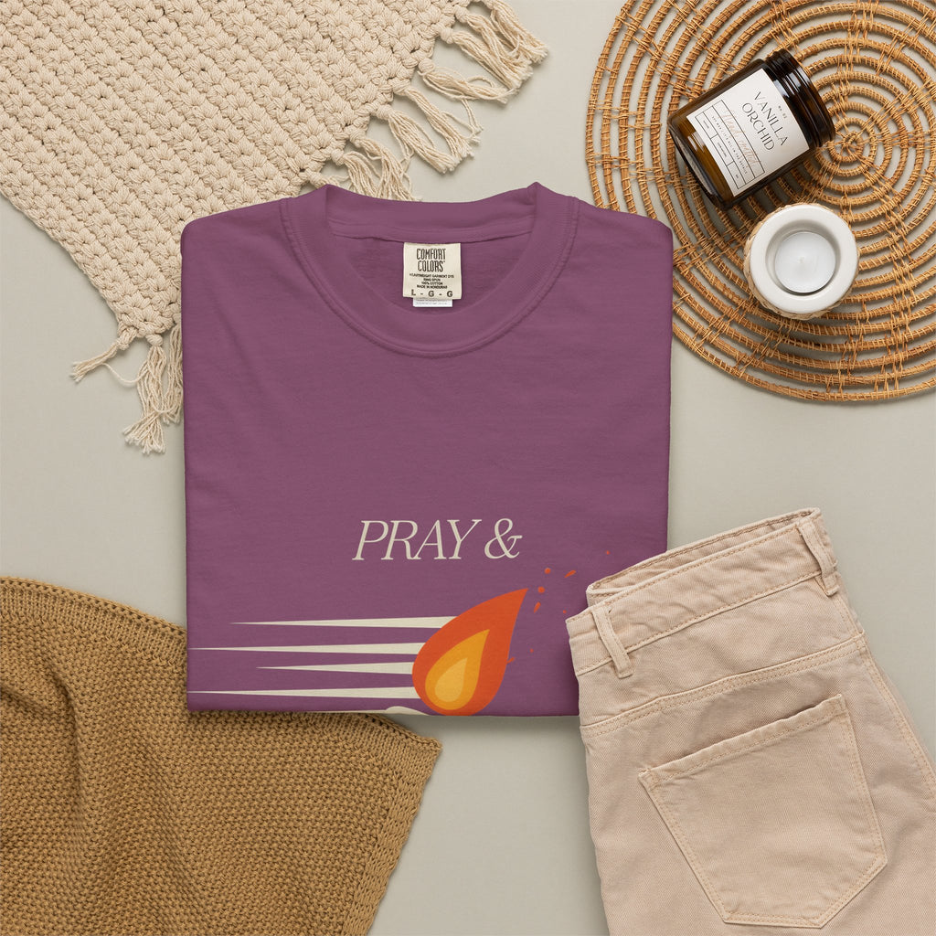 Pray & Never Give Up T‑Shirt — Inspirational Candle Faith Tee