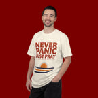 Never Panic Just Pray T‑Shirt — Retro Sunset Faith Tee