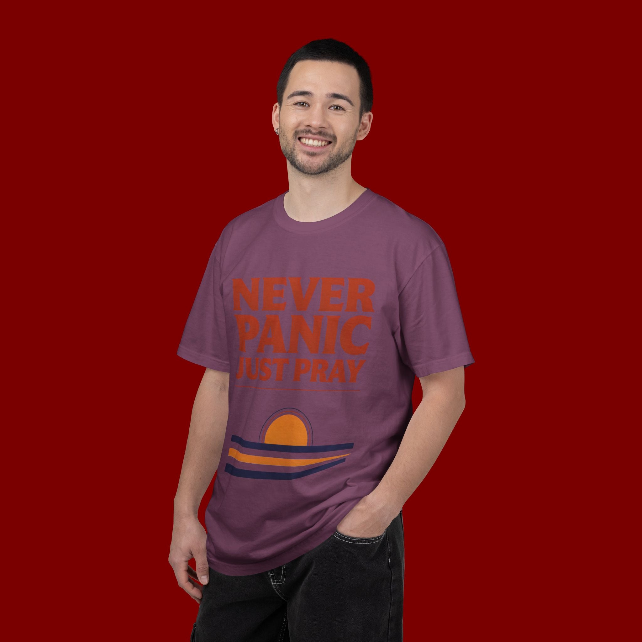 Never Panic Just Pray T‑Shirt — Retro Sunset Faith Tee