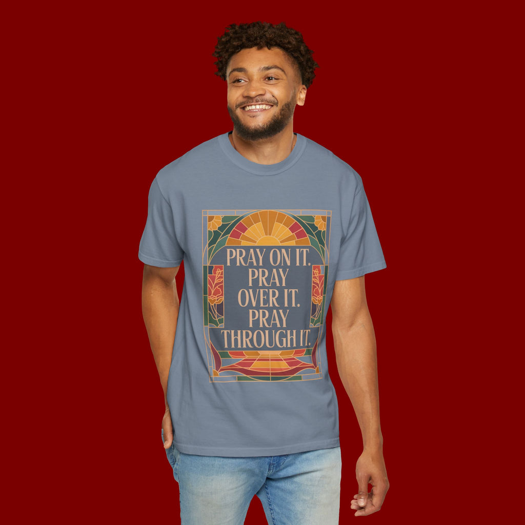T-Shirt — Retro Sunset Floral Graphic “Play On It, Pray Over It, Pray Through It”