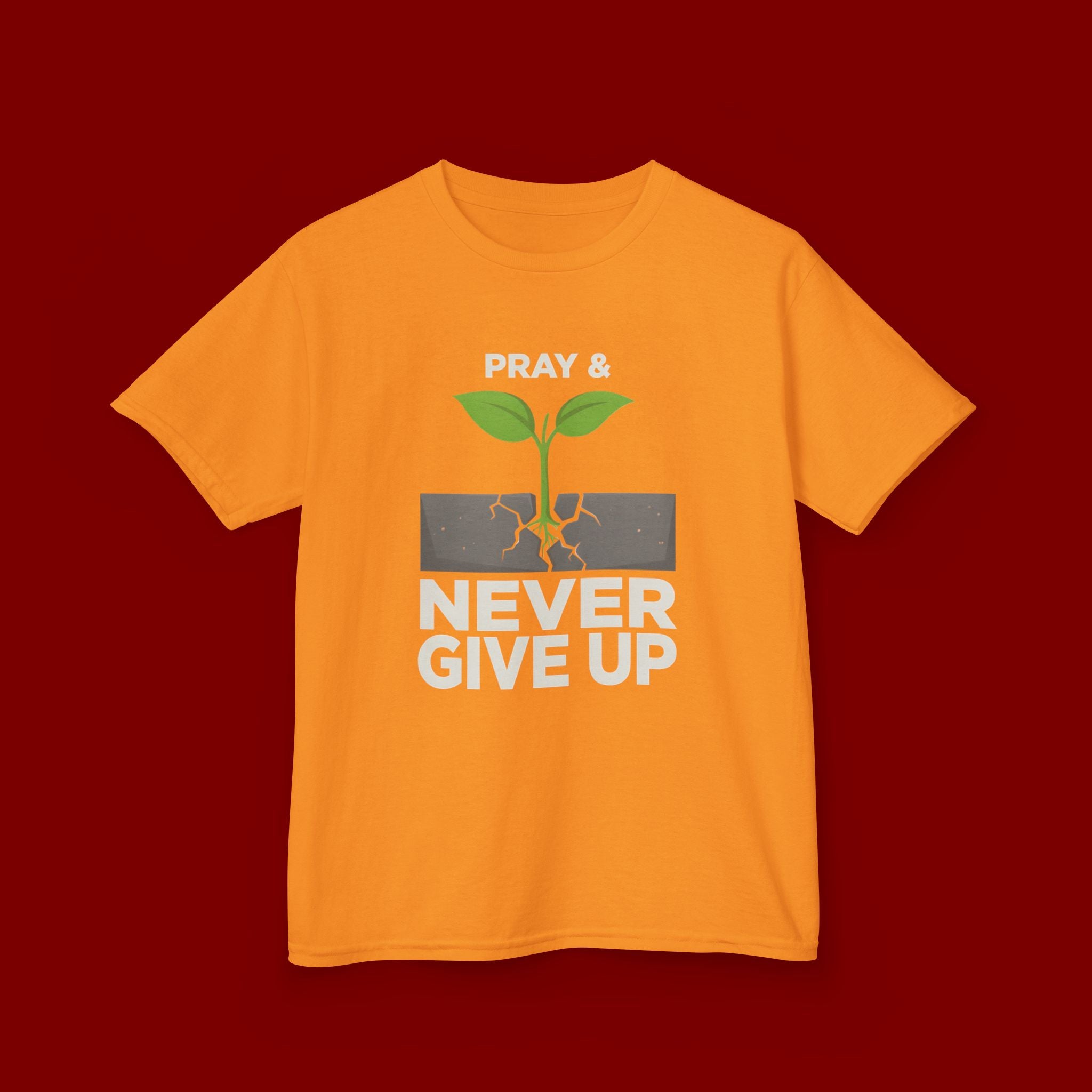 Kids Tee – "Pray & Never Give Up" Inspirational Plant Graphic