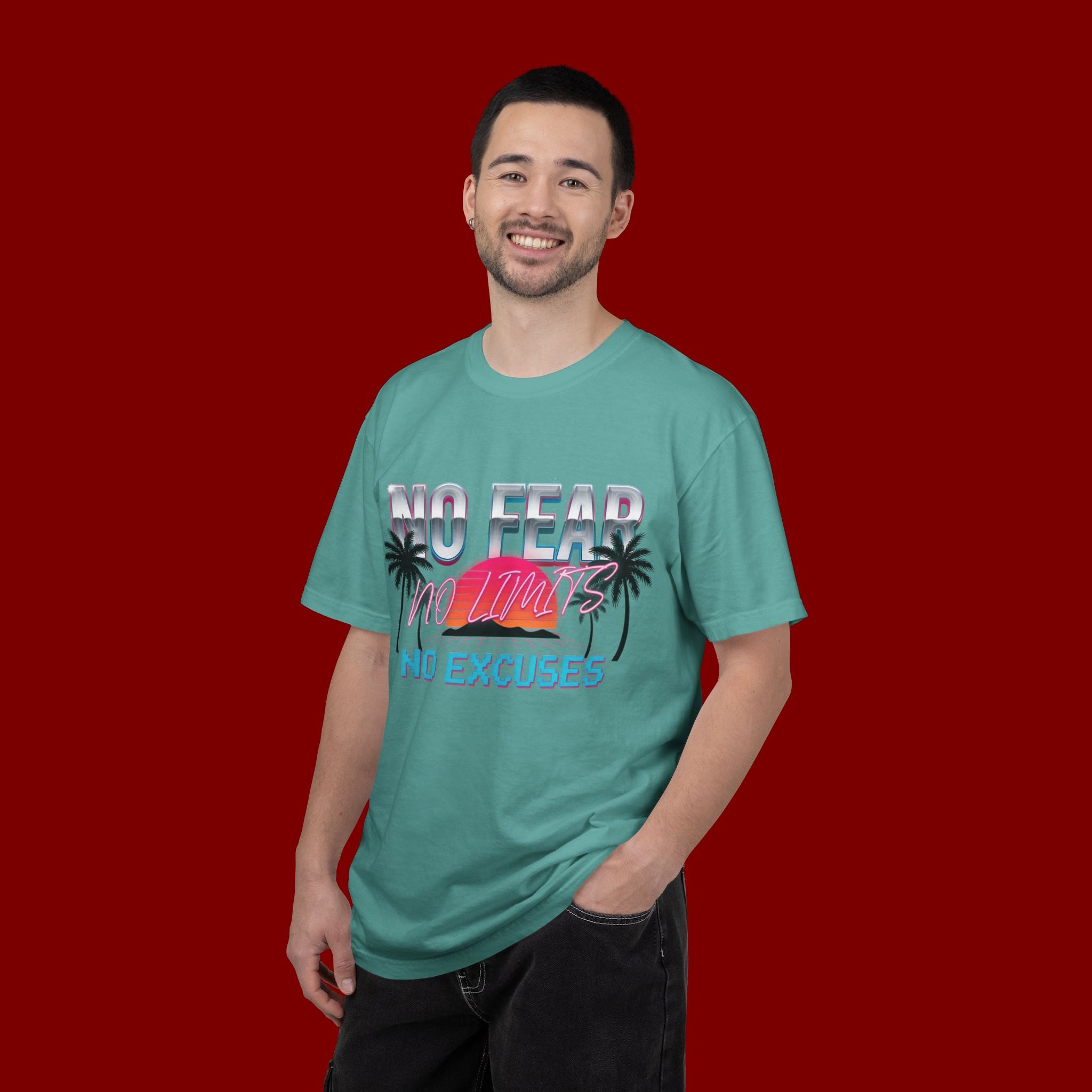 No Fear, No Excuses T-Shirt — Retro Sunset Palm Graphic Tee