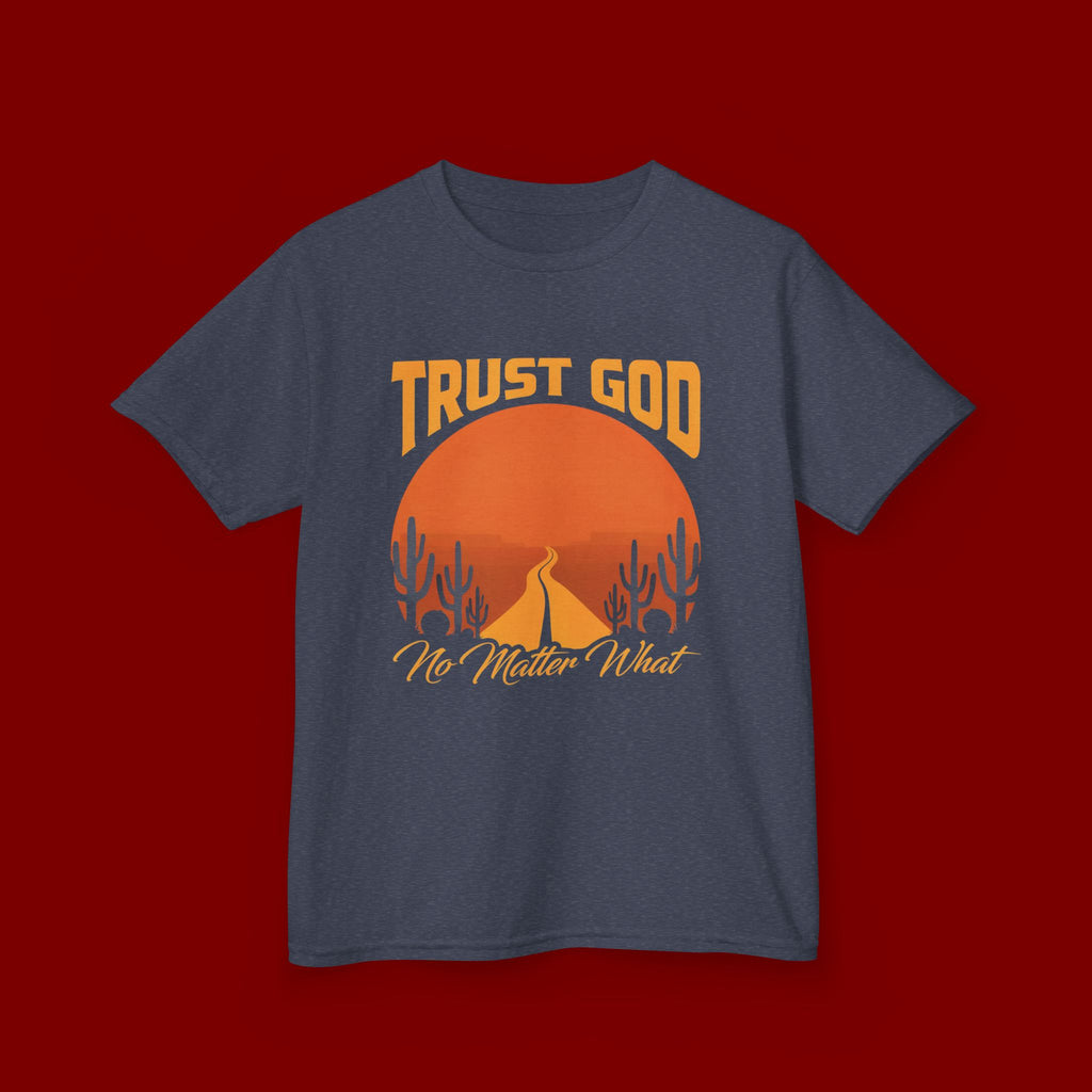 Kids Tee — "Trust God No Matter What" Sunset Camping Graphic