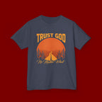 Kids Tee — "Trust God No Matter What" Sunset Camping Graphic