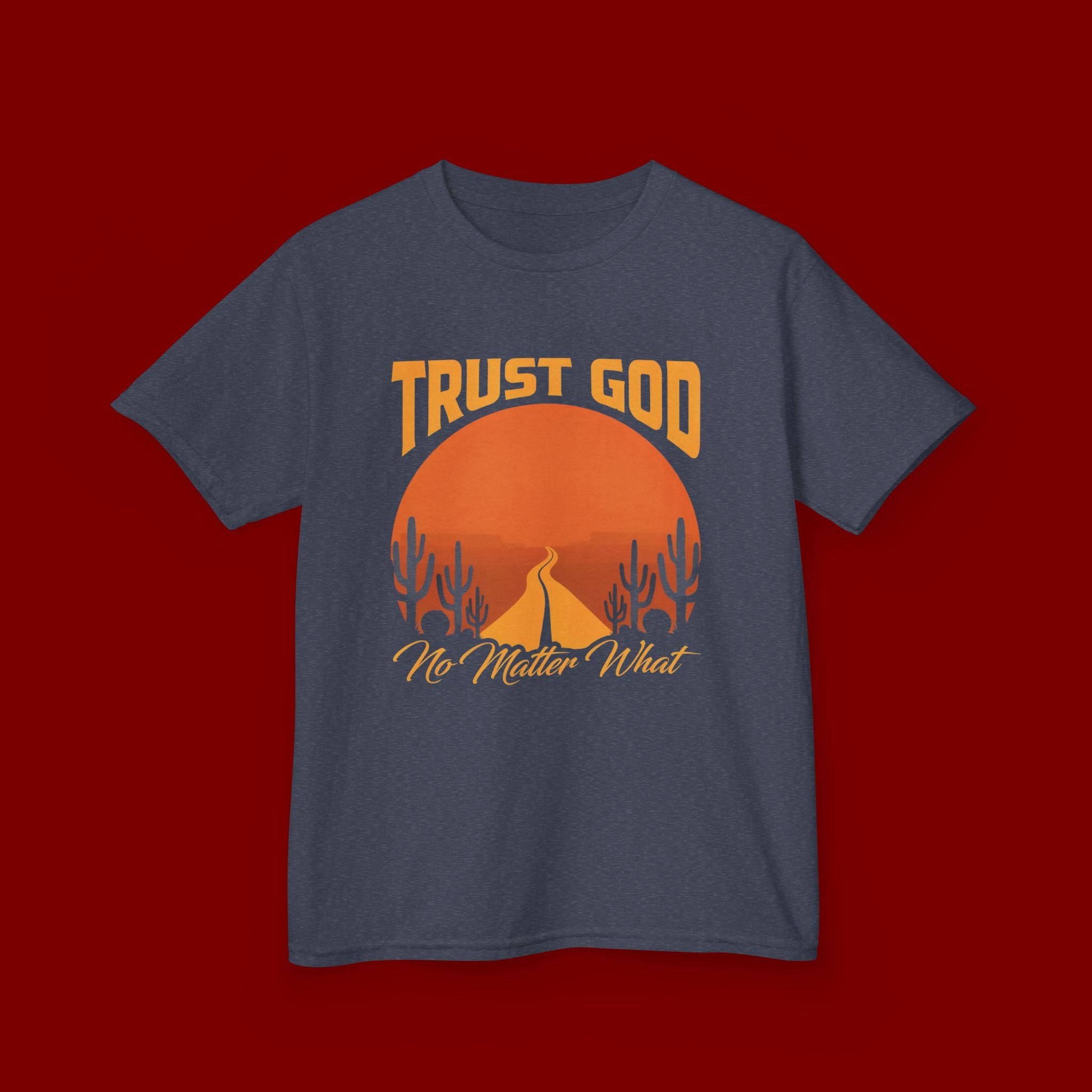Kids Tee — "Trust God No Matter What" Sunset Camping Graphic