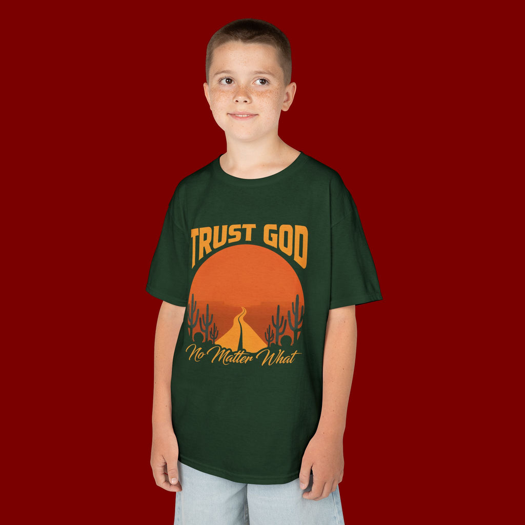 Kids Tee — "Trust God No Matter What" Sunset Camping Graphic