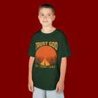 Kids Tee — "Trust God No Matter What" Sunset Camping Graphic