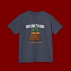 Return to God Kids T-Shirt – Tree Stump with Sprout, “It’s Never Too Late” Inspirational Youth Tee