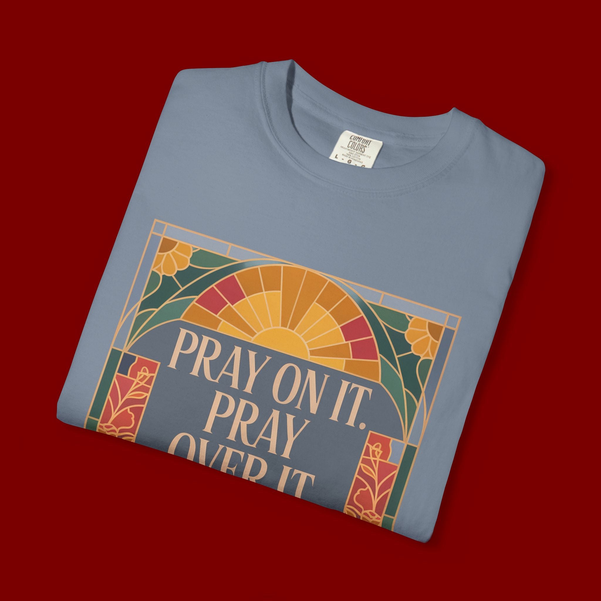 T-Shirt — Retro Sunset Floral Graphic “Play On It, Pray Over It, Pray Through It”