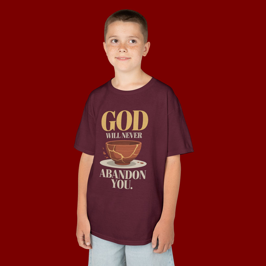 Kids Tee — "God Will Never Abandon You" Faith Graphic