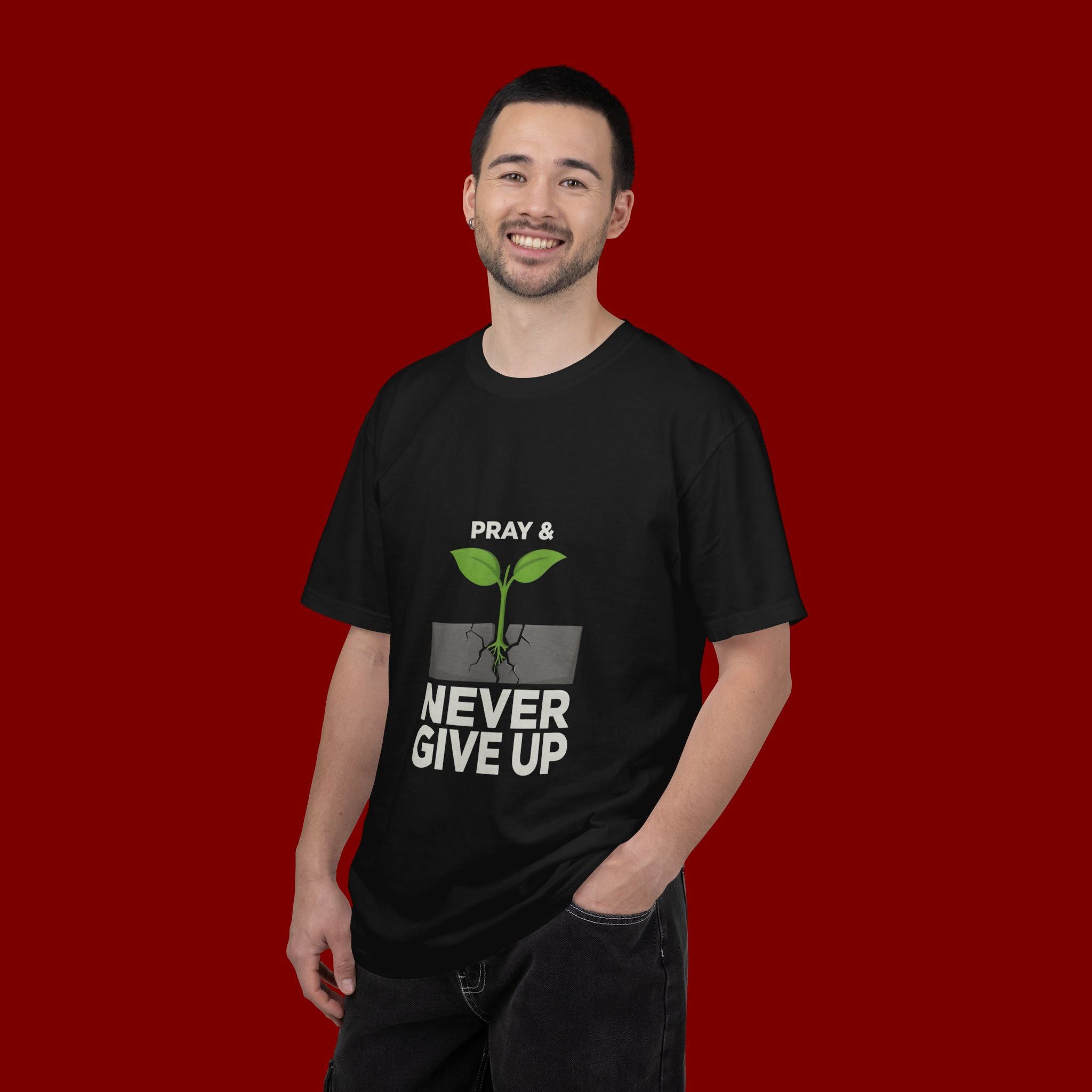 Pray & Never Give Up T-Shirt – Inspirational Faith Tee with Sprout Graphic