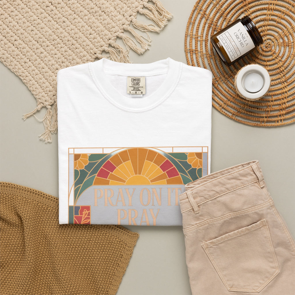 T-Shirt — Retro Sunset Floral Graphic “Play On It, Pray Over It, Pray Through It”