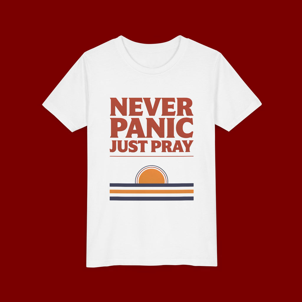 Youth Tee — "Never Panic Just Pray" Retro Sunset Kids T-Shirt