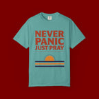 Never Panic Just Pray T‑Shirt — Retro Sunset Faith Tee
