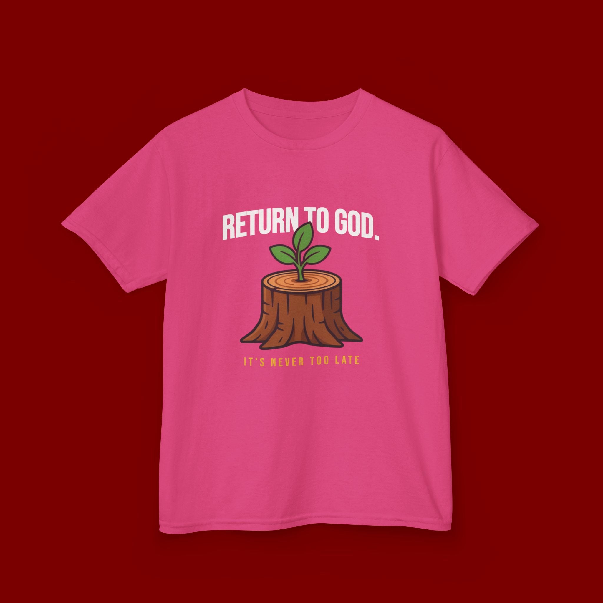 Return to God Kids T-Shirt – Tree Stump with Sprout, “It’s Never Too Late” Inspirational Youth Tee