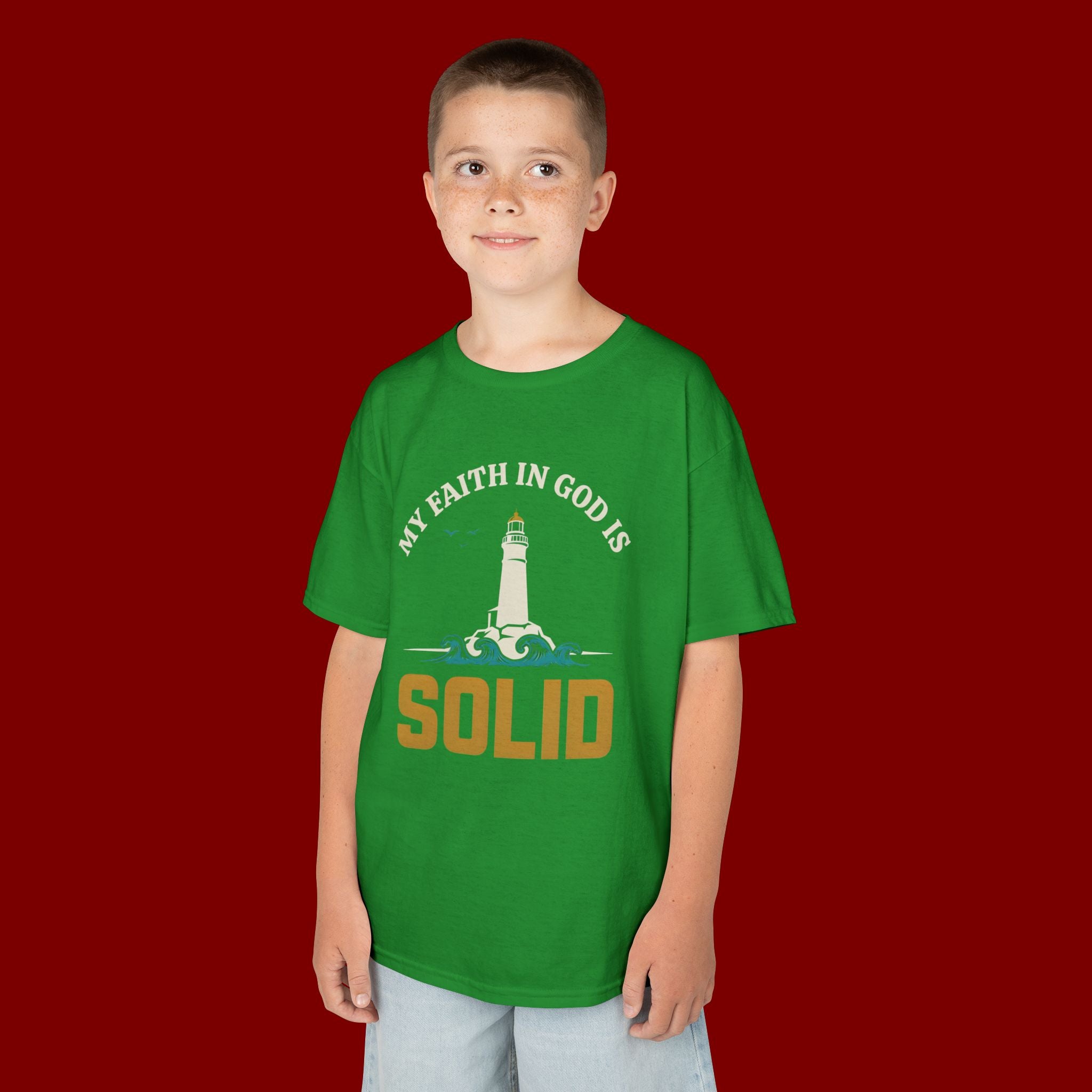 Kids T-Shirt — “My Faith in God is Solid” Lighthouse Christian Tee