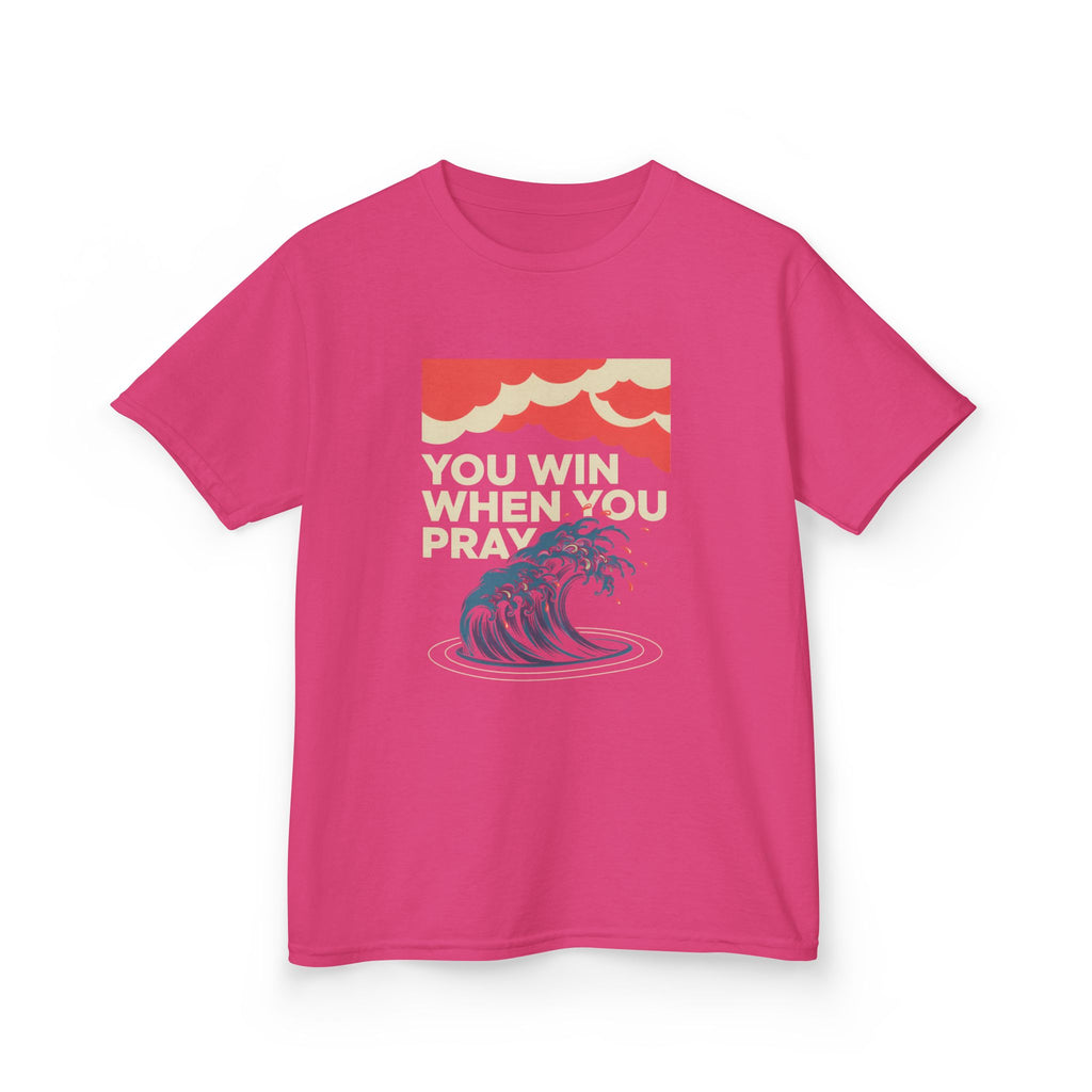 Kids Tee – “You Win When You Pray” Retro Wave Ocean Graphic