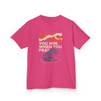 Kids Tee – “You Win When You Pray” Retro Wave Ocean Graphic