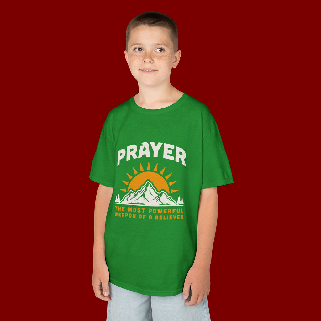 Kids Tee — "Prayer: The Most Powerful Weapon of a Believer" Mountain Sun Graphic