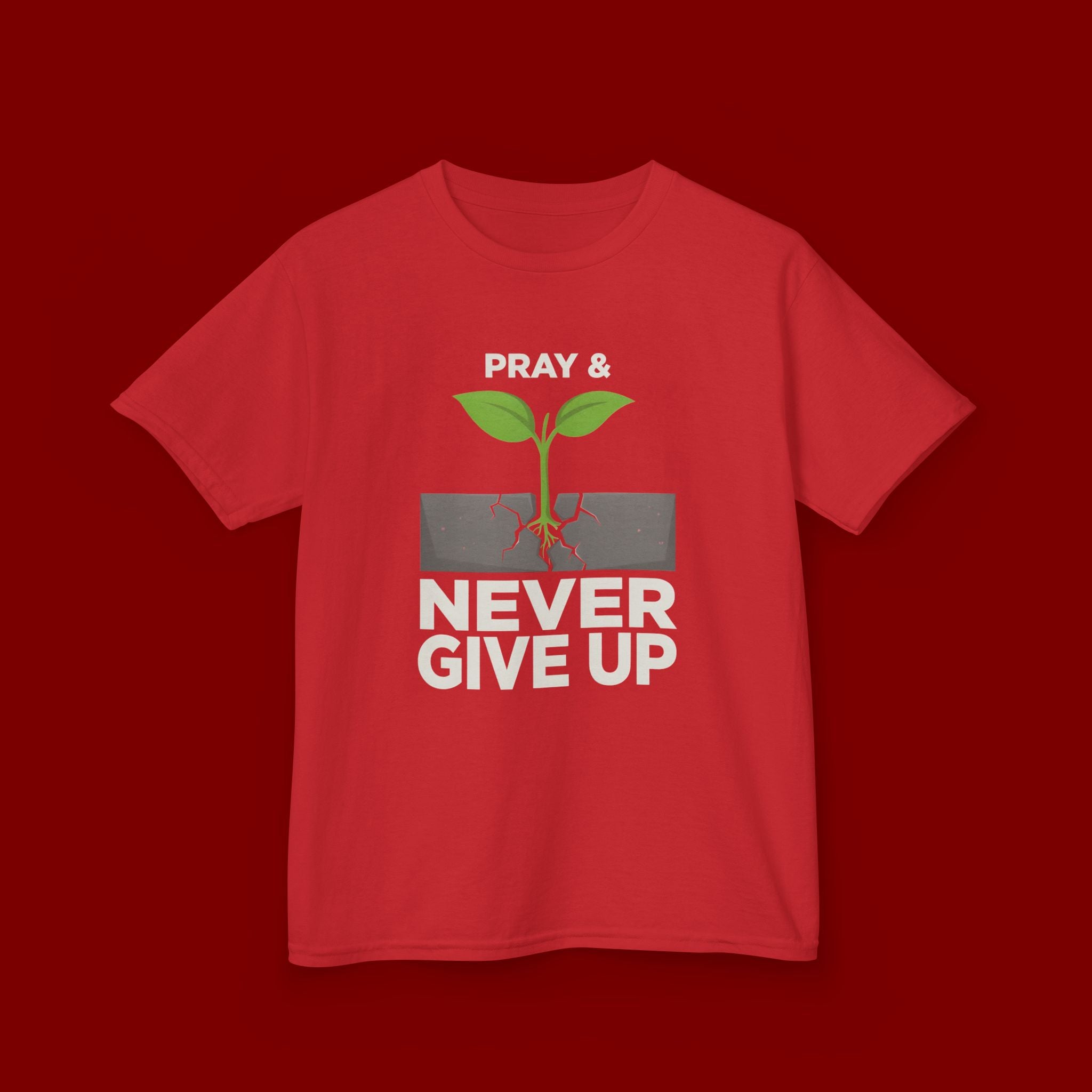 Kids Tee – "Pray & Never Give Up" Inspirational Plant Graphic