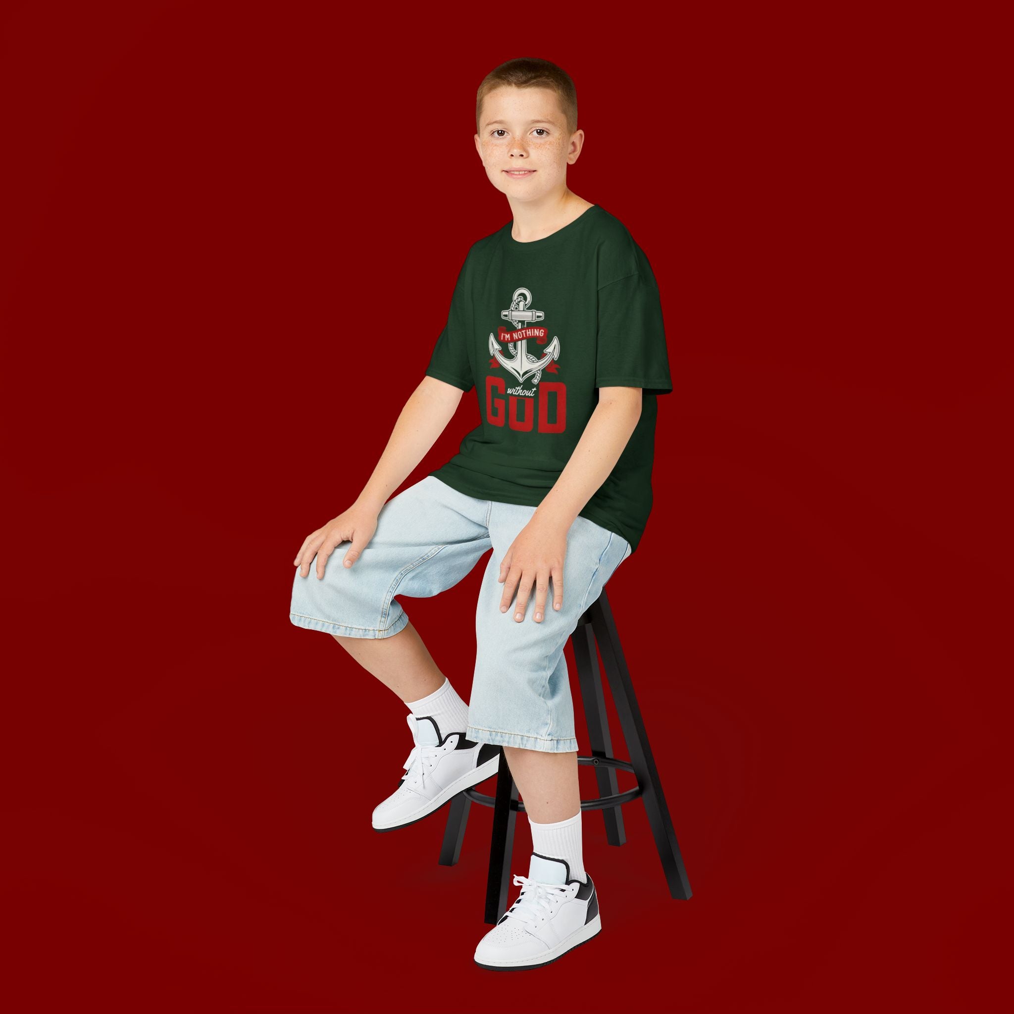 Kids Anchor T‑Shirt – "I'm Nothing Without God" Christian Tee for Boys & Girls